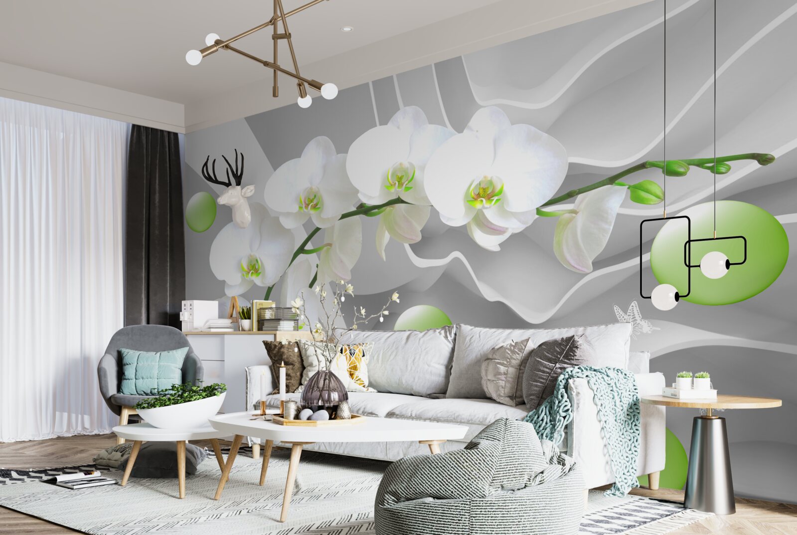 Papier peint secrètement des boules vertes flottantes et une orchidée pâle