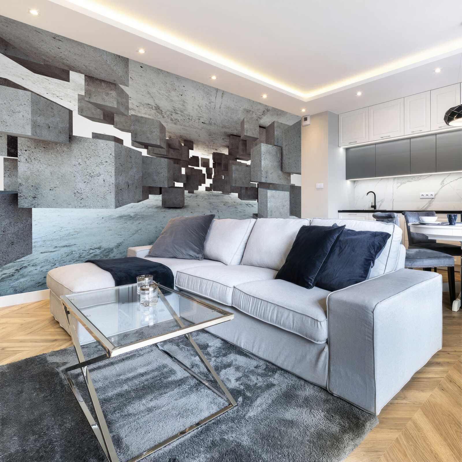 Papier peint des cubes gris lévitent doucement dans le tunnel et s'éloignent au loin