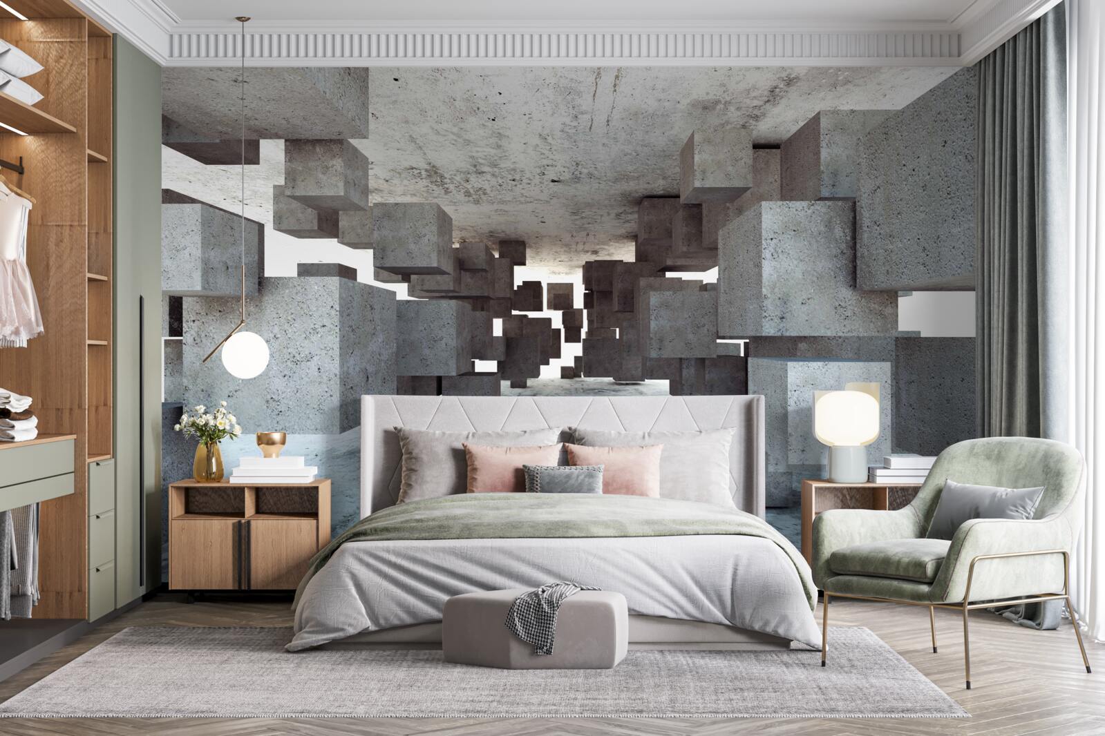 Papier peint des cubes gris lévitent doucement dans le tunnel et s'éloignent au loin