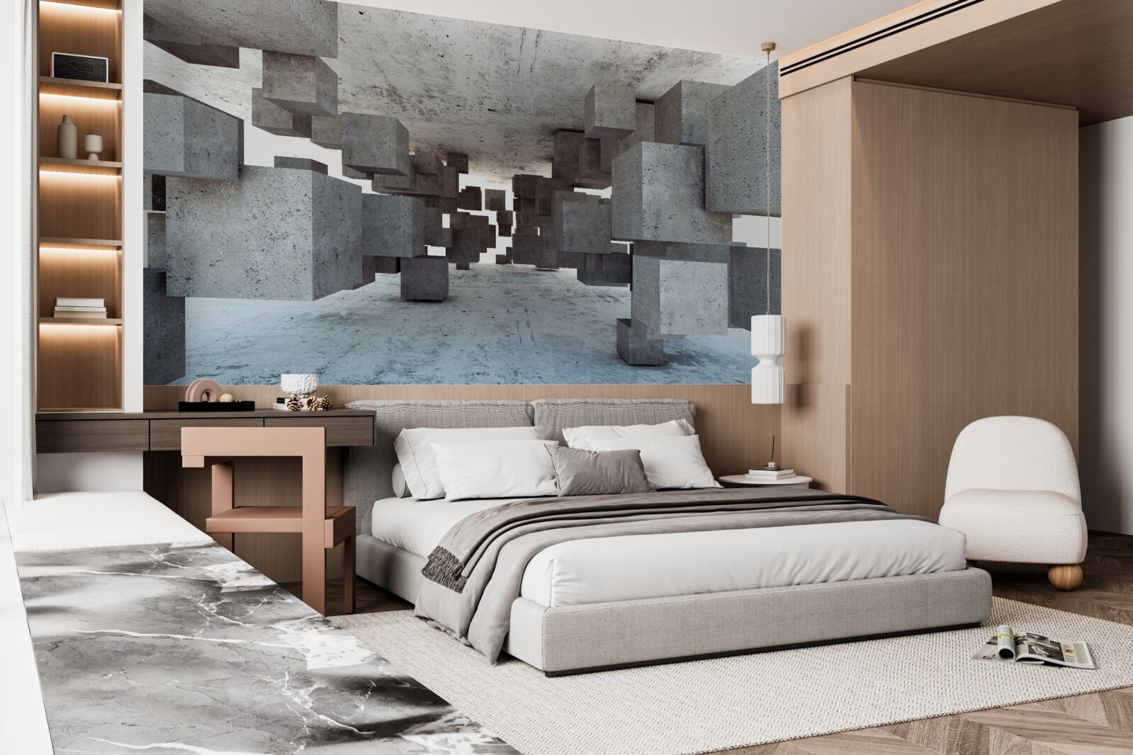 Papier peint des cubes gris lévitent doucement dans le tunnel et s'éloignent au loin