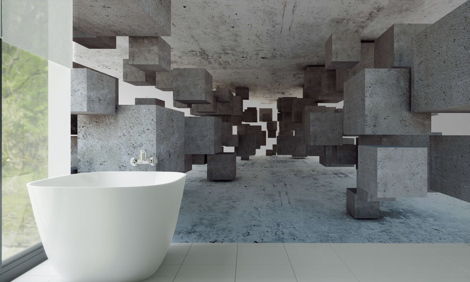 Papier peint des cubes gris lévitent doucement dans le tunnel et s'éloignent au loin