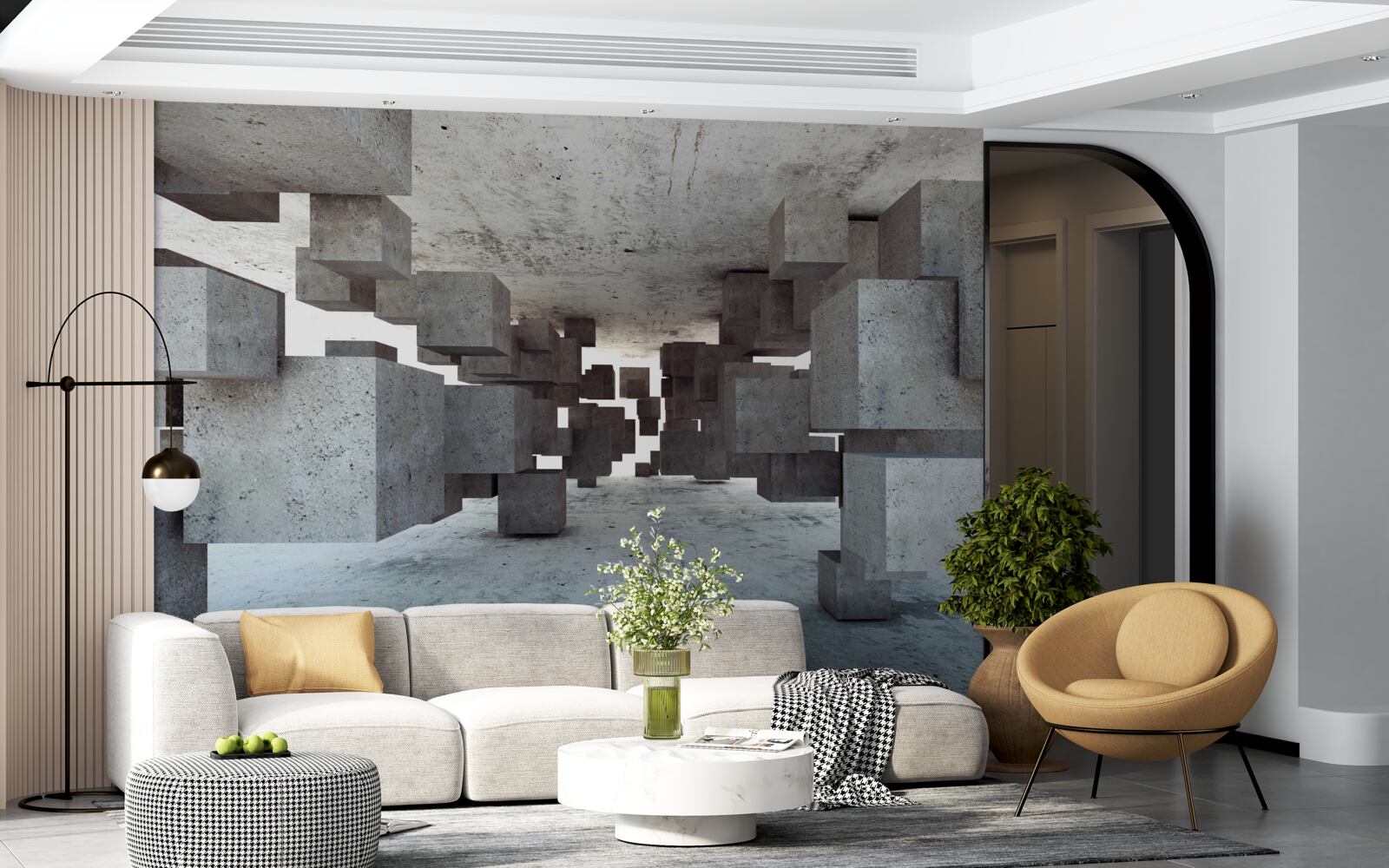 Papier peint des cubes gris lévitent doucement dans le tunnel et s'éloignent au loin