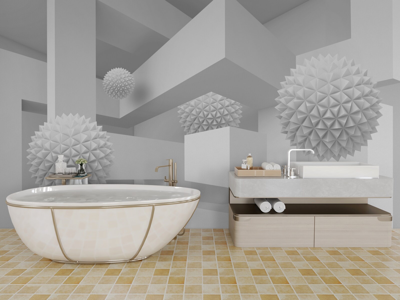 Papier peint Sphères volantes en géométrie abstraite