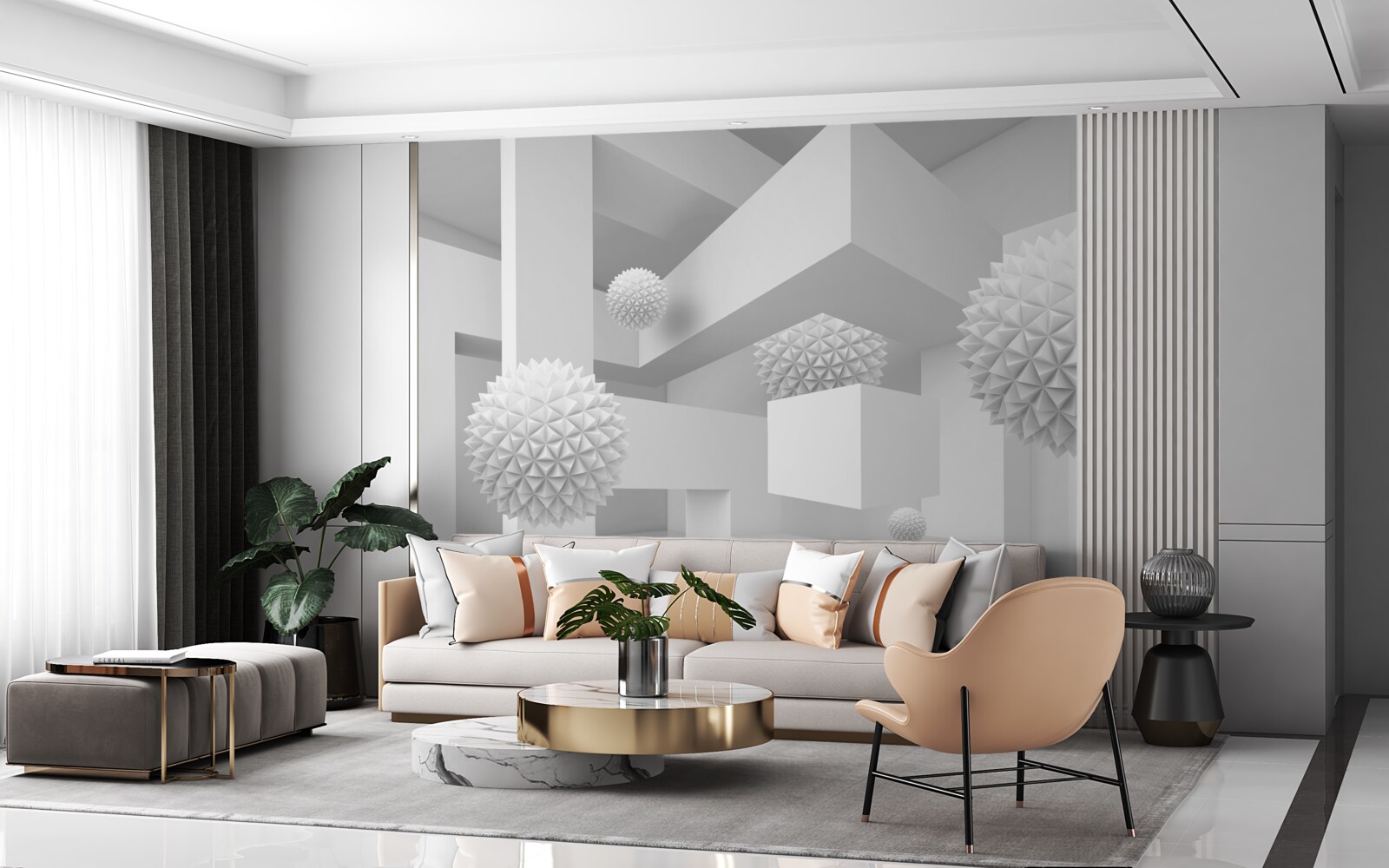 Papier peint Sphères volantes en géométrie abstraite