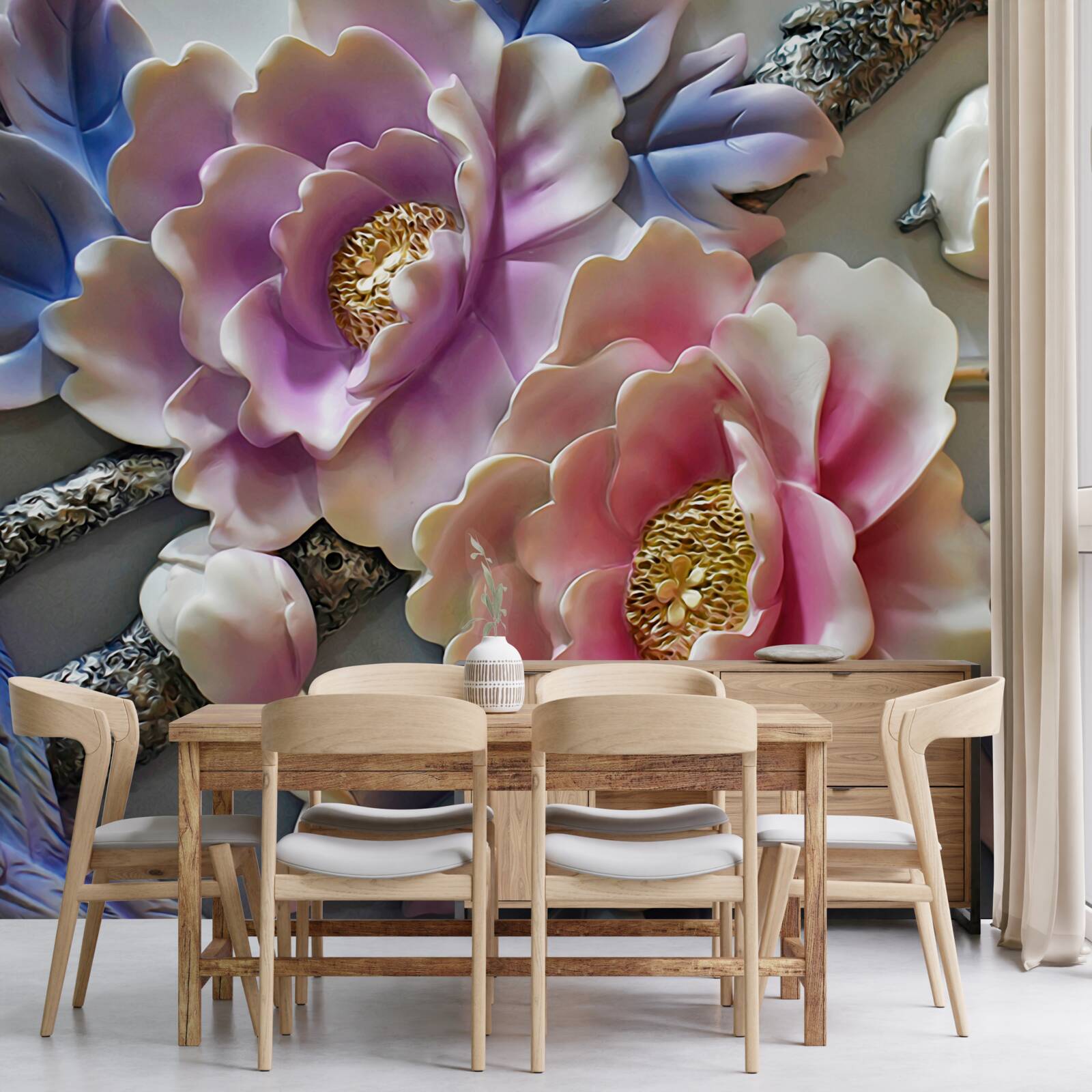 Papier peint fleurs épanouies en rose et lilas