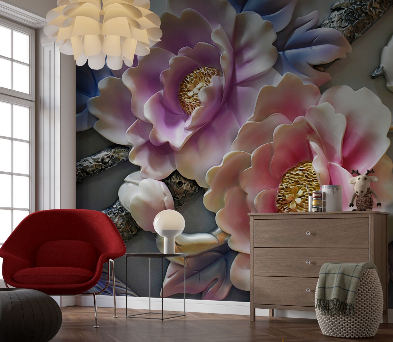 Papier peint fleurs épanouies en rose et lilas