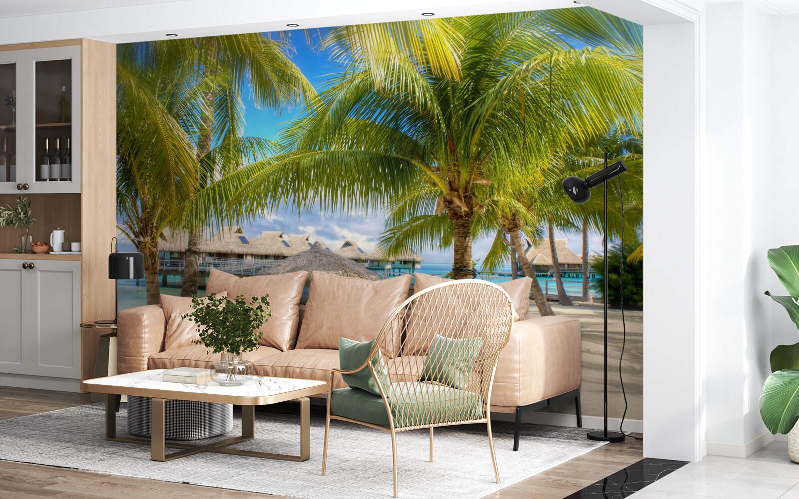 Papier peint des palmiers luxuriants et des pavillons le long du rivage