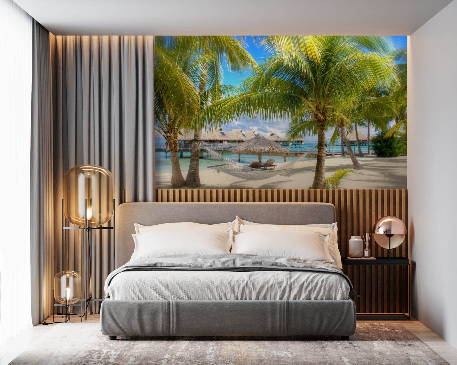 Papier peint des palmiers luxuriants et des pavillons le long du rivage