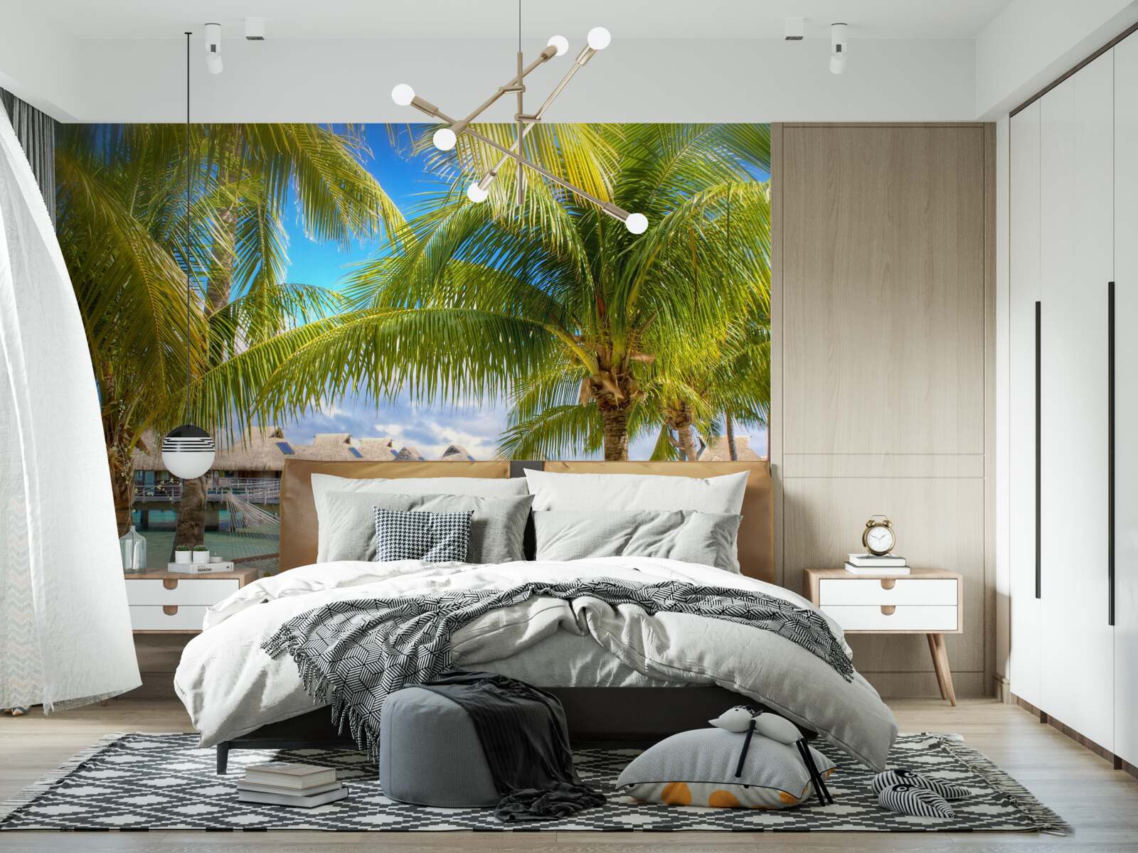 Papier peint des palmiers luxuriants et des pavillons le long du rivage