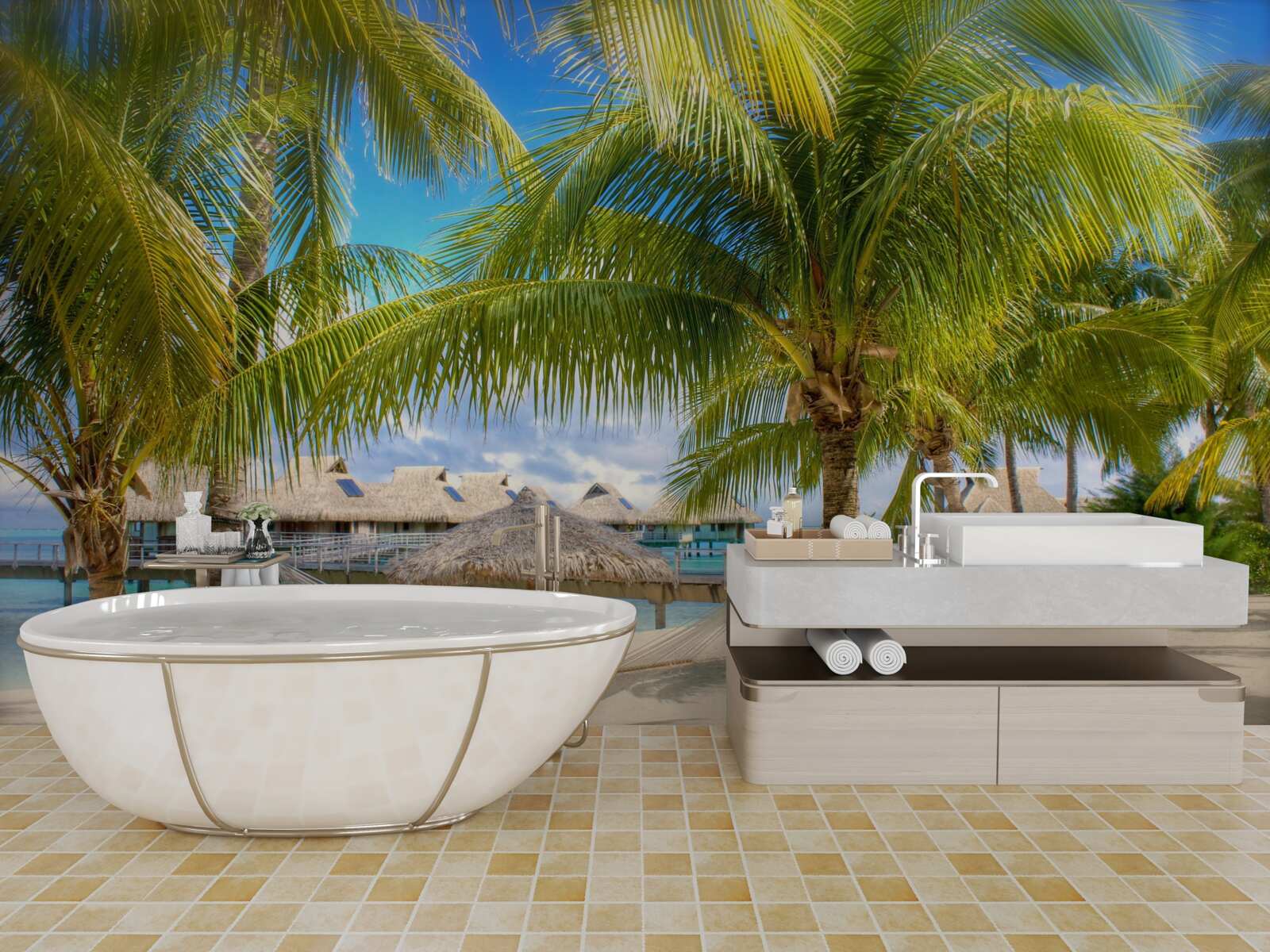 Papier peint des palmiers luxuriants et des pavillons le long du rivage