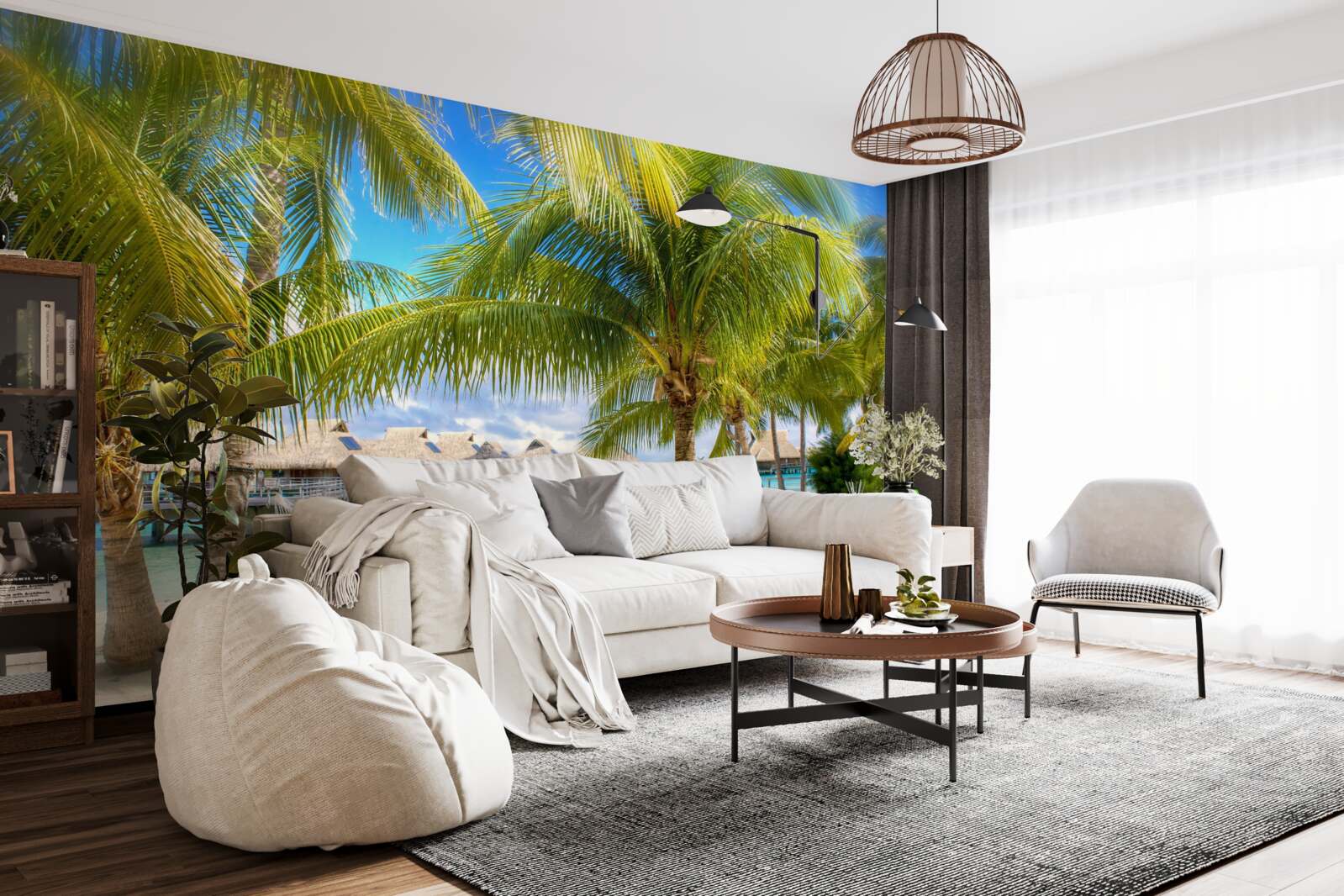 Papier peint des palmiers luxuriants et des pavillons le long du rivage