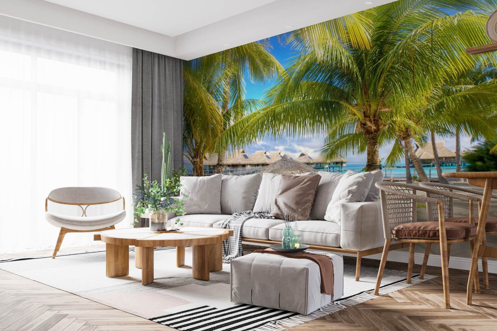 Papier peint des palmiers luxuriants et des pavillons le long du rivage