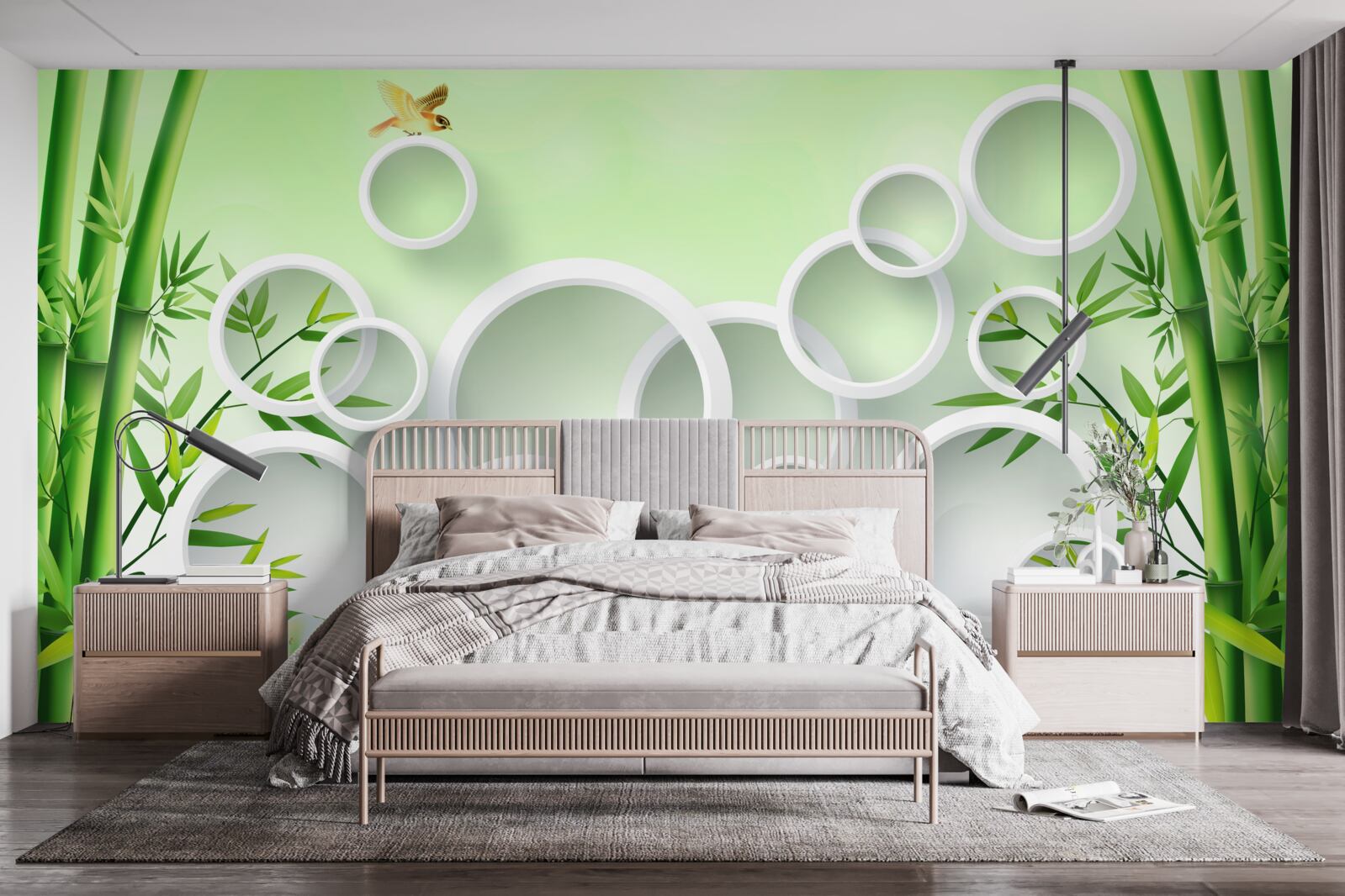 Papier peint bambou vert fin et cercles blancs