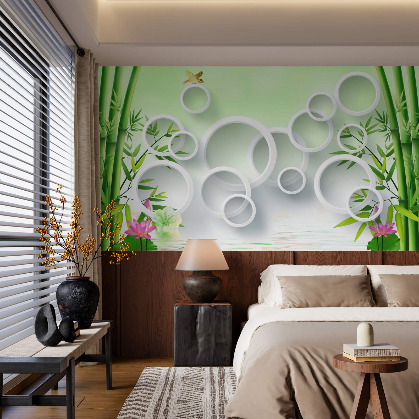 Papier peint bambou vert fin et cercles blancs