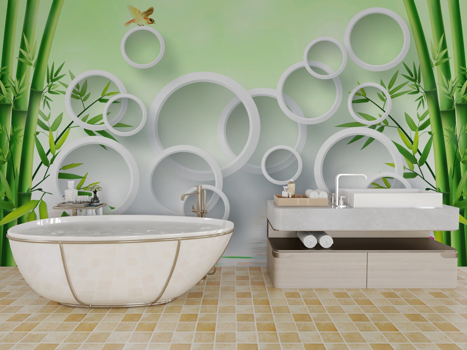 Papier peint bambou vert fin et cercles blancs