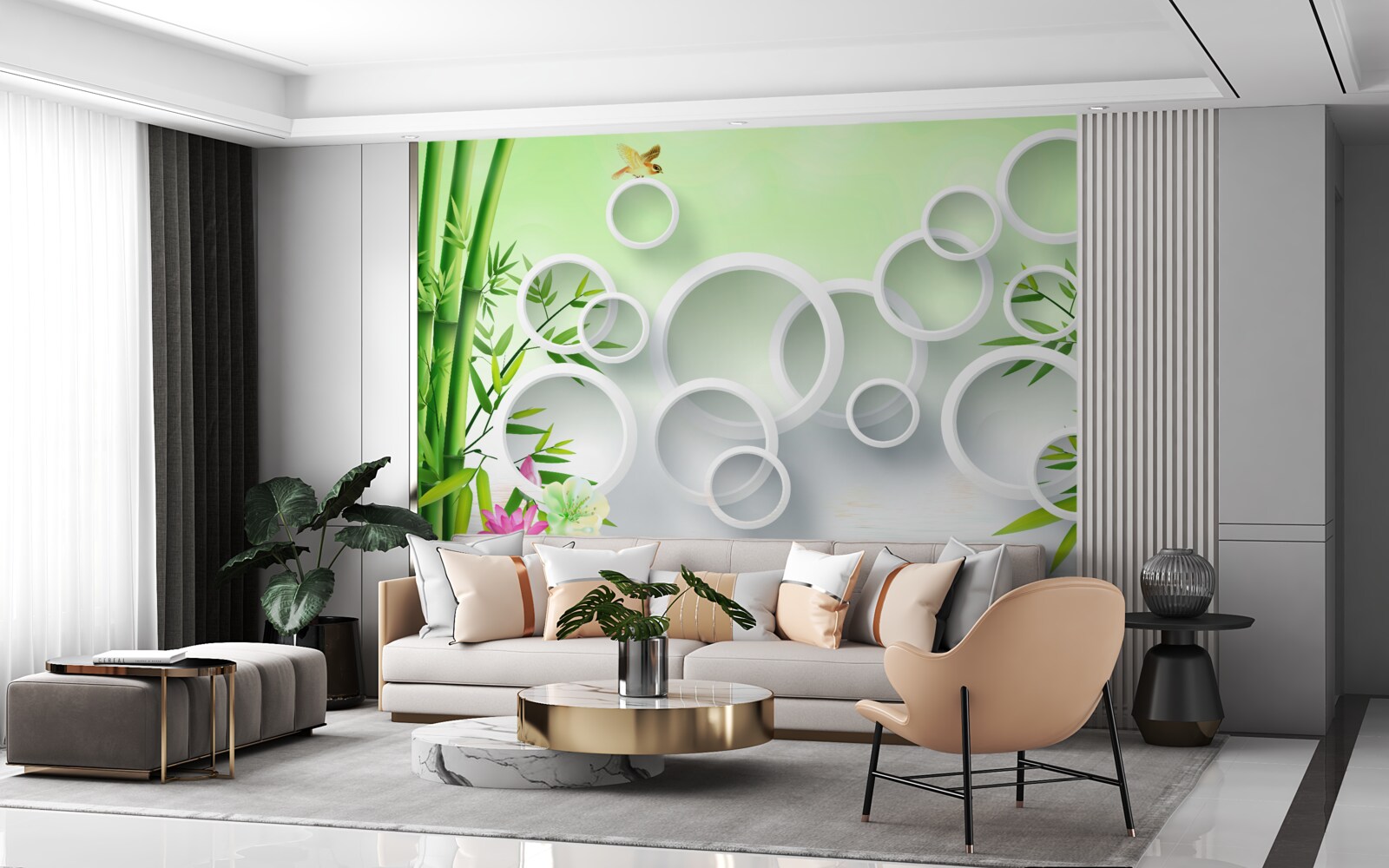 Papier peint bambou vert fin et cercles blancs