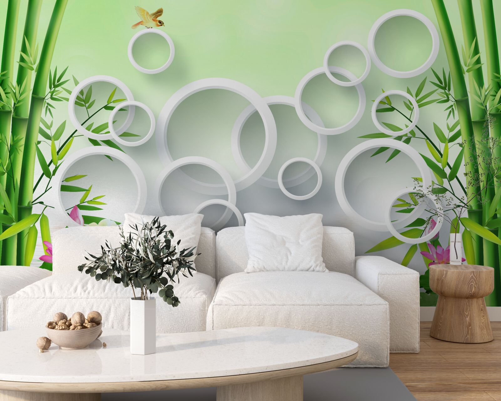 Papier peint bambou vert fin et cercles blancs