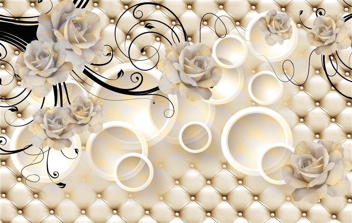 Papier peint cercles abstraits et tissus à motifs floraux