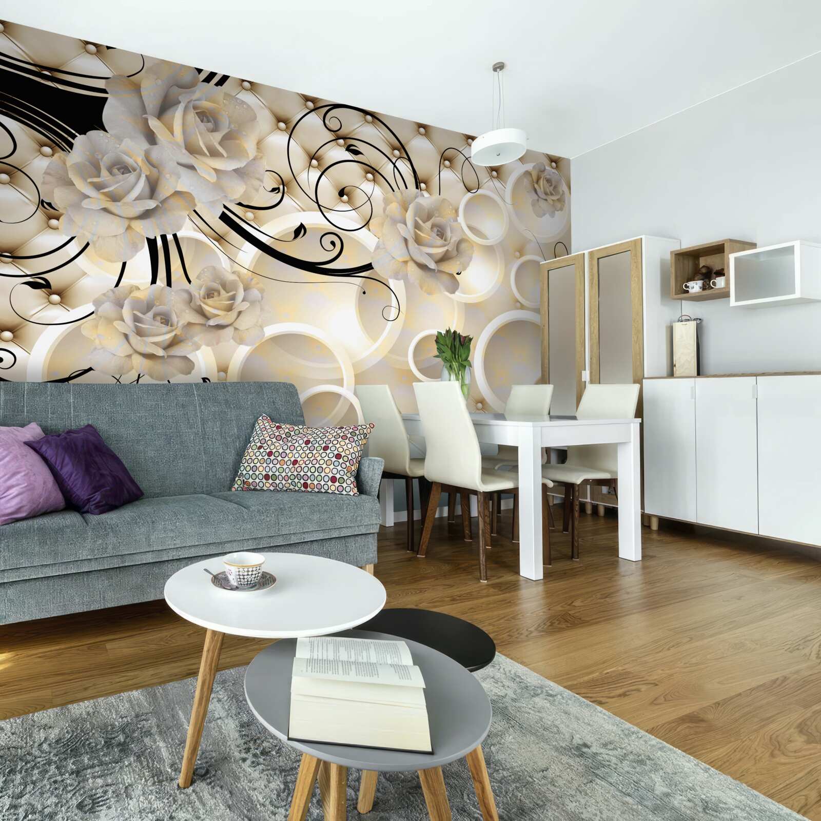 Papier peint cercles abstraits et tissus à motifs floraux