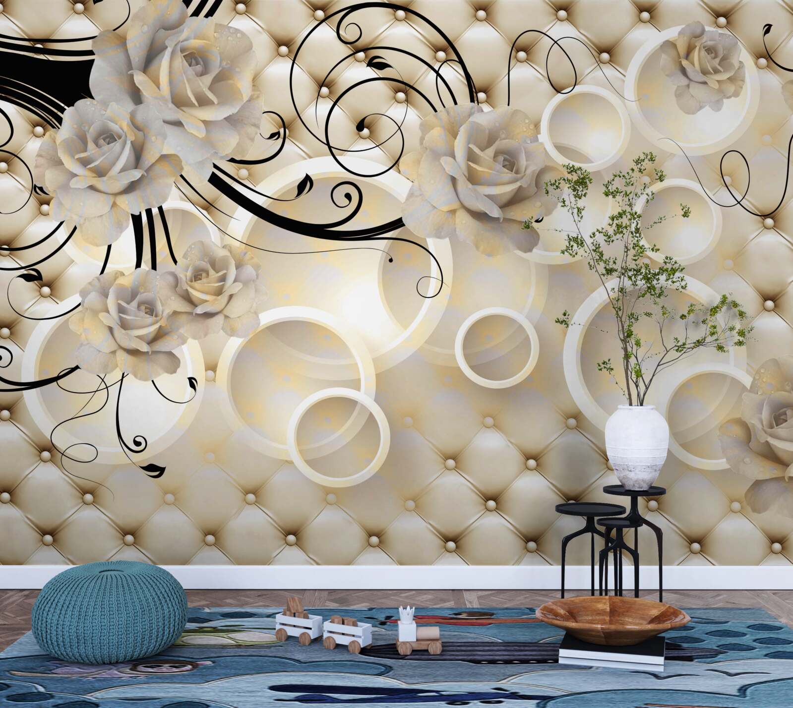 Papier peint cercles abstraits et tissus à motifs floraux