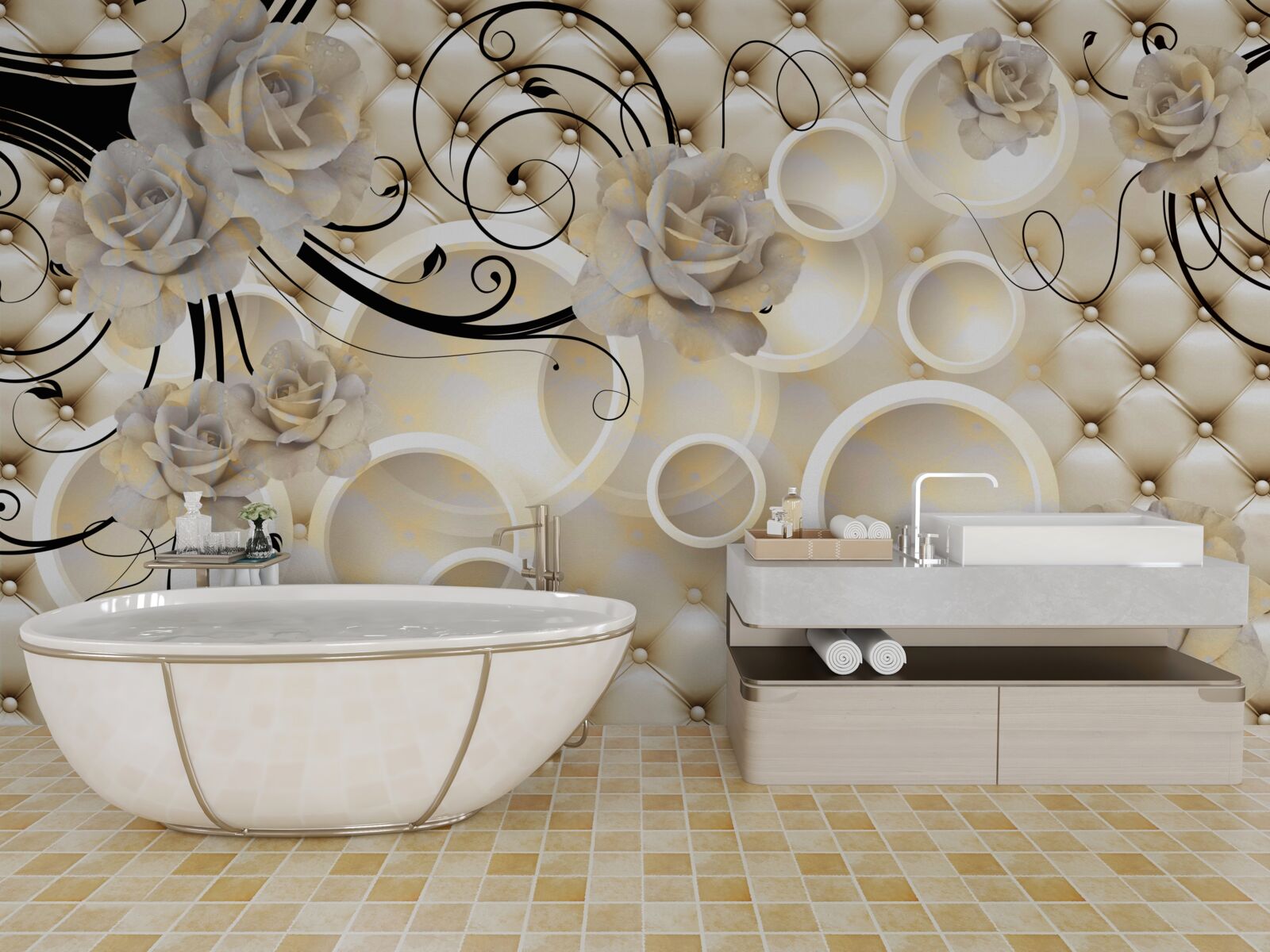 Papier peint cercles abstraits et tissus à motifs floraux