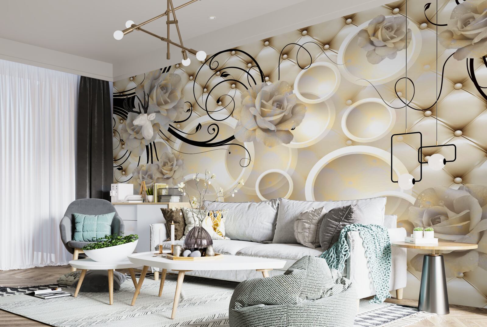 Papier peint cercles abstraits et tissus à motifs floraux