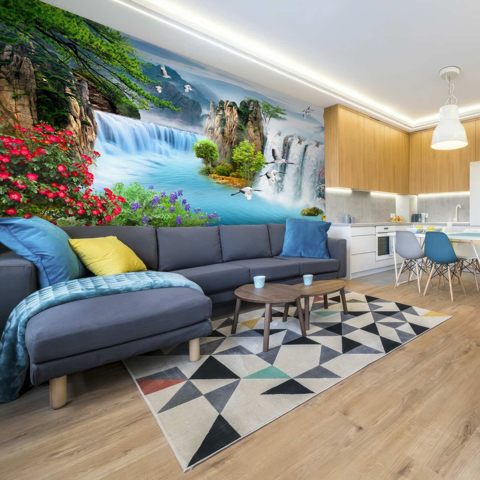 Papier peint sur fond vert, le coucher de soleil illumine les belles chutes d'eau