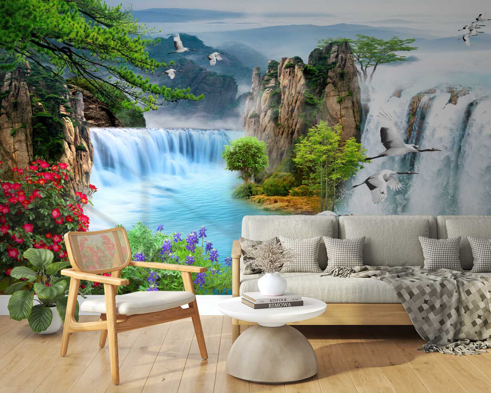 Papier peint sur fond vert, le coucher de soleil illumine les belles chutes d'eau