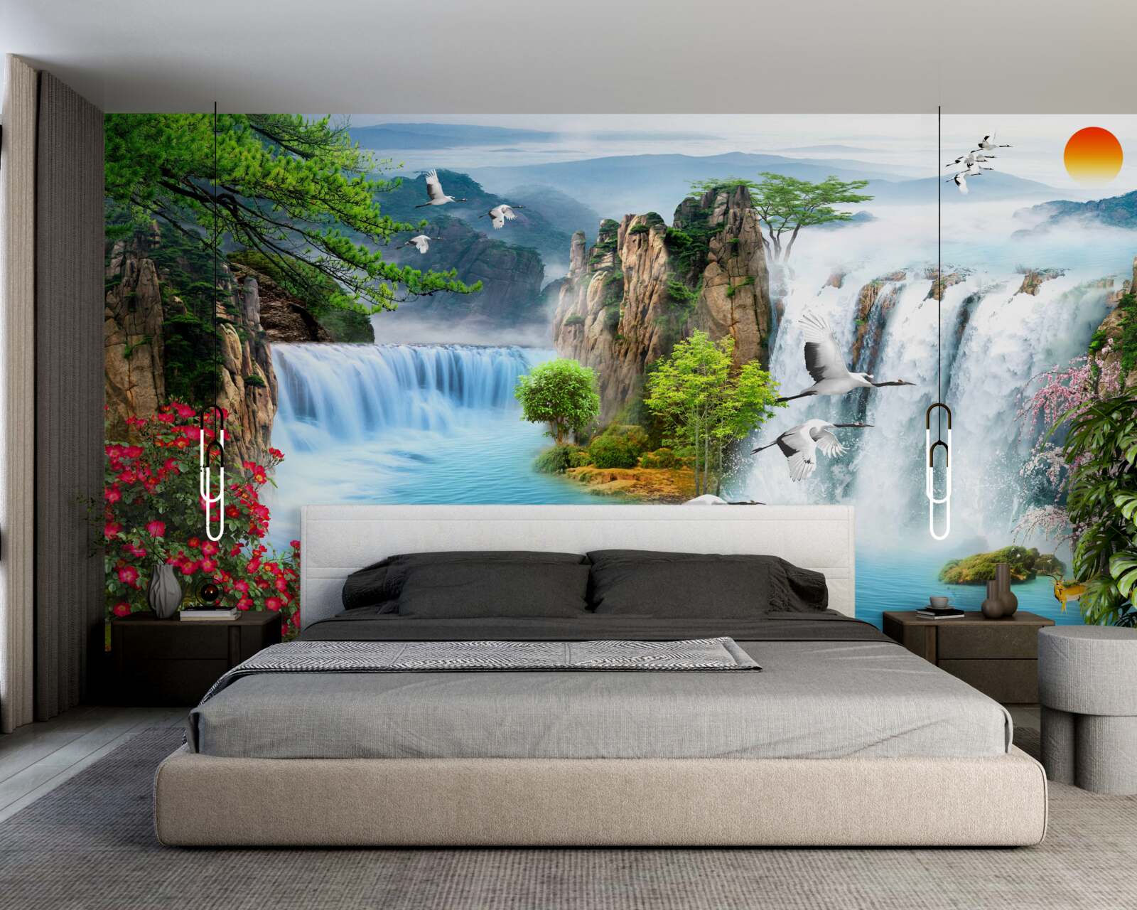 Papier peint sur fond vert, le coucher de soleil illumine les belles chutes d'eau