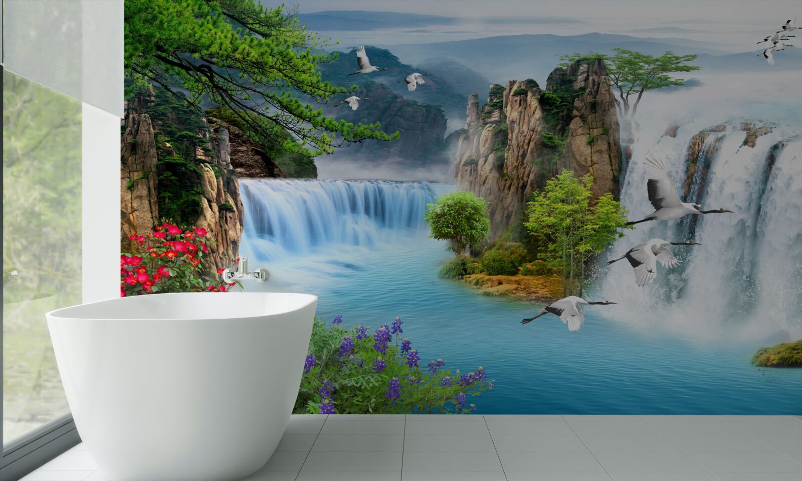 Papier peint sur fond vert, le coucher de soleil illumine les belles chutes d'eau