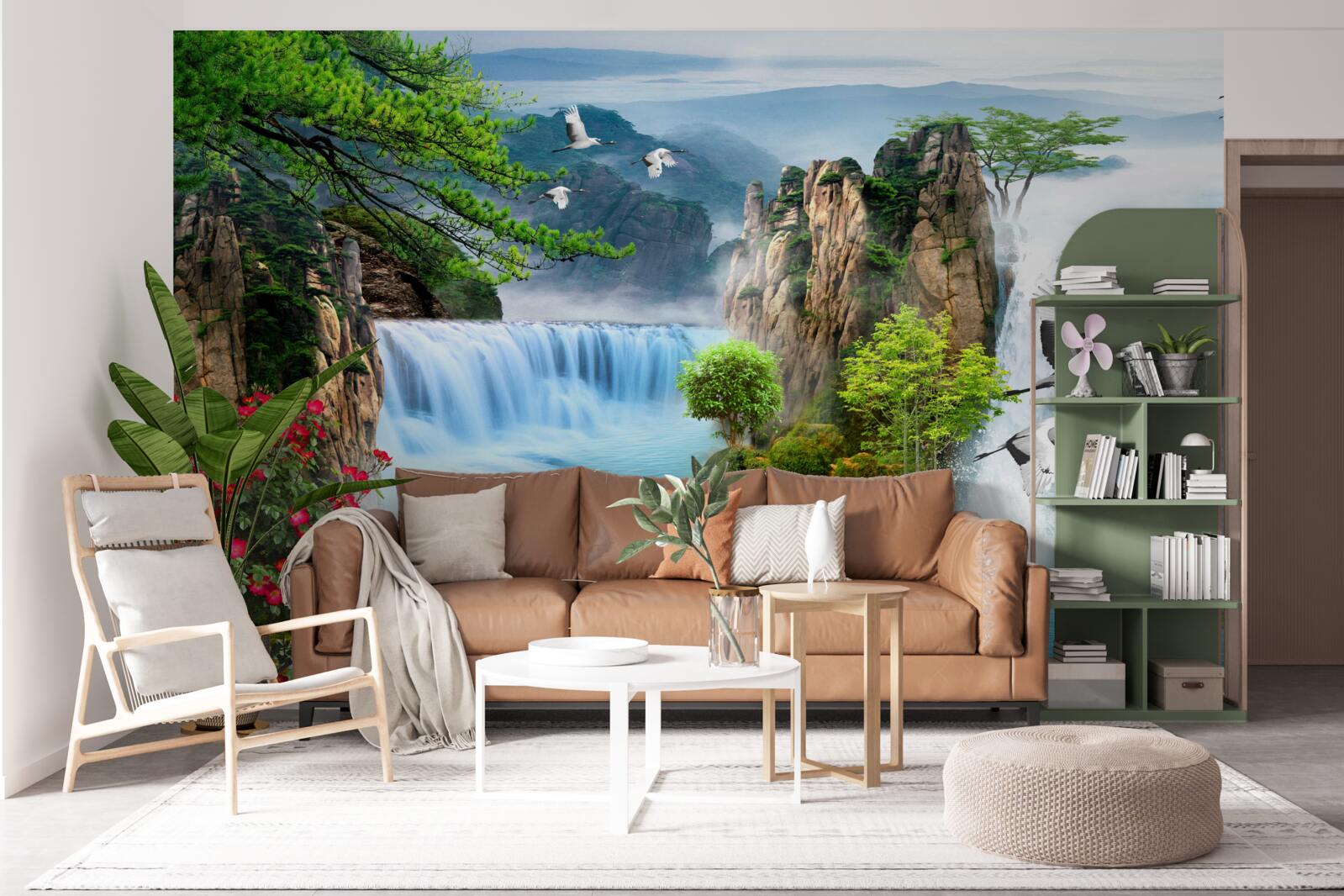 Papier peint sur fond vert, le coucher de soleil illumine les belles chutes d'eau