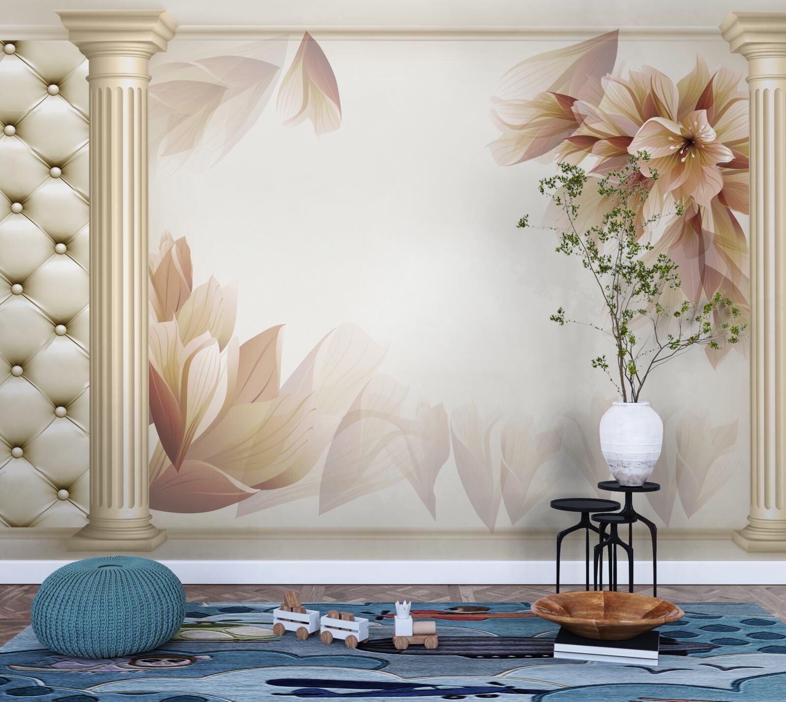 Papier peint les fleurs poussent près de grandes colonnes