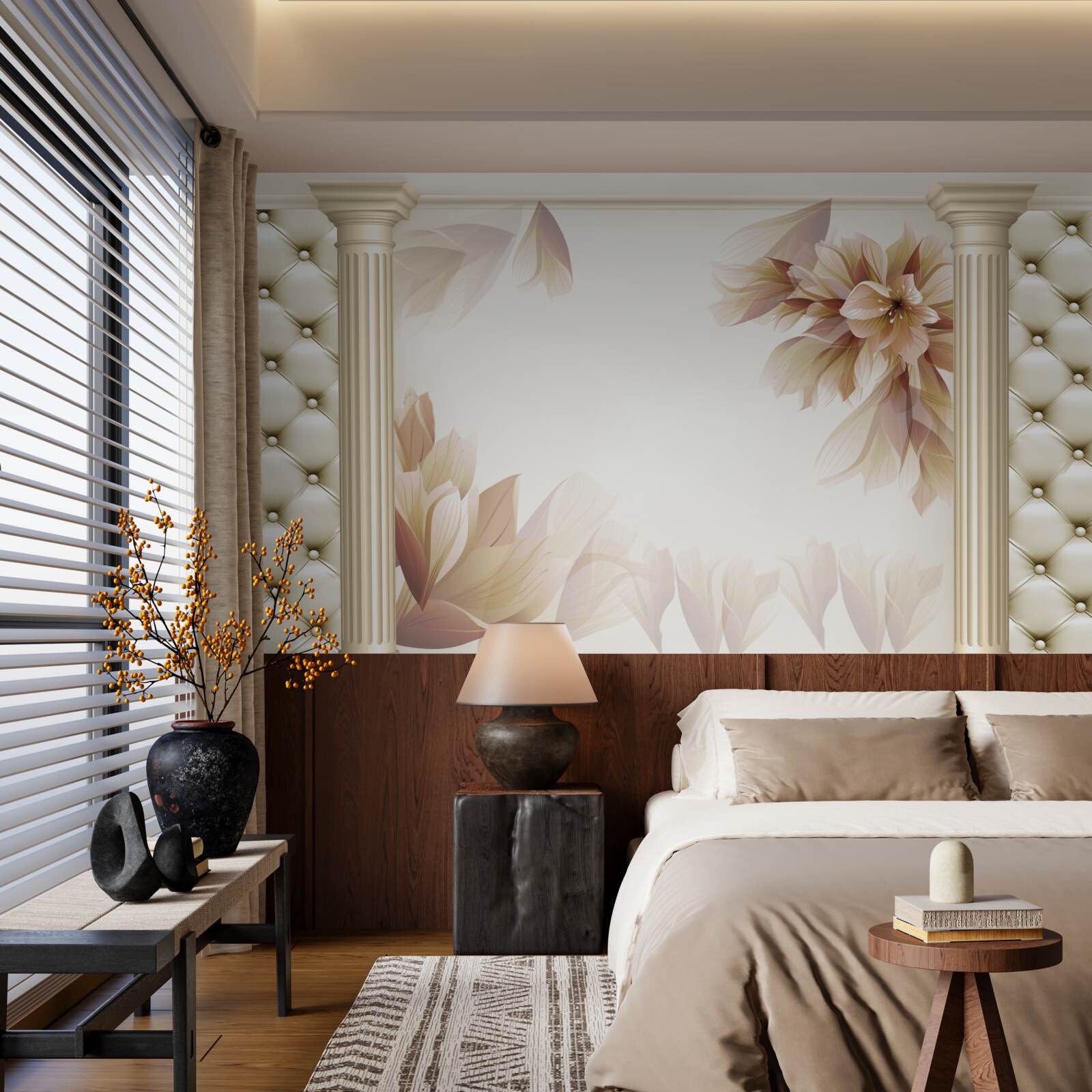 Papier peint les fleurs poussent près de grandes colonnes