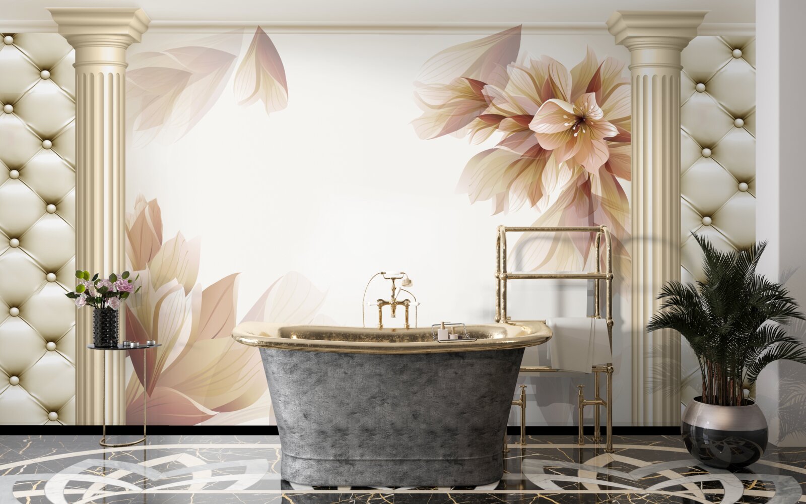 Papier peint les fleurs poussent près de grandes colonnes