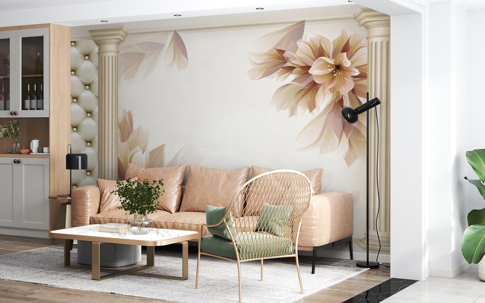 Papier peint les fleurs poussent près de grandes colonnes