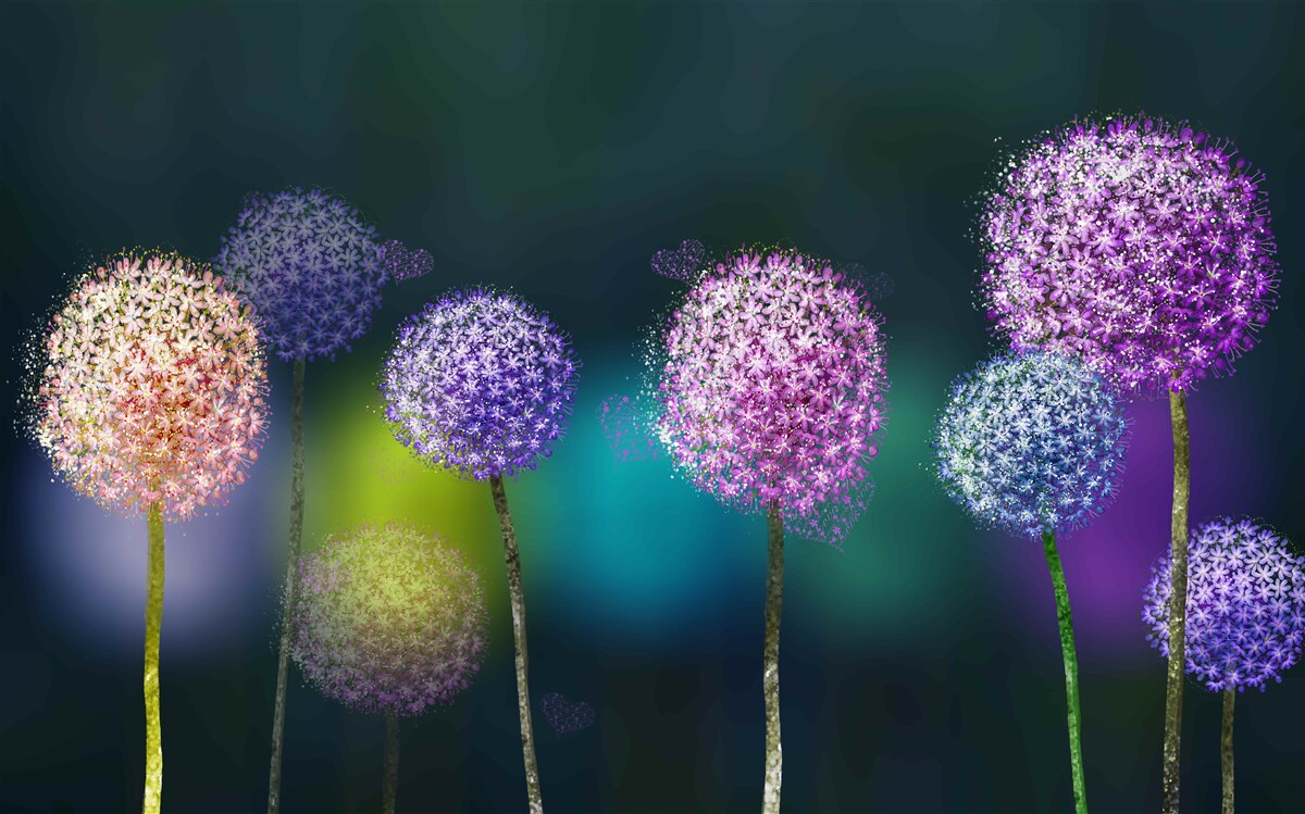 Papier peint abstraction de pissenlits colorés sous le couvert de la nuit