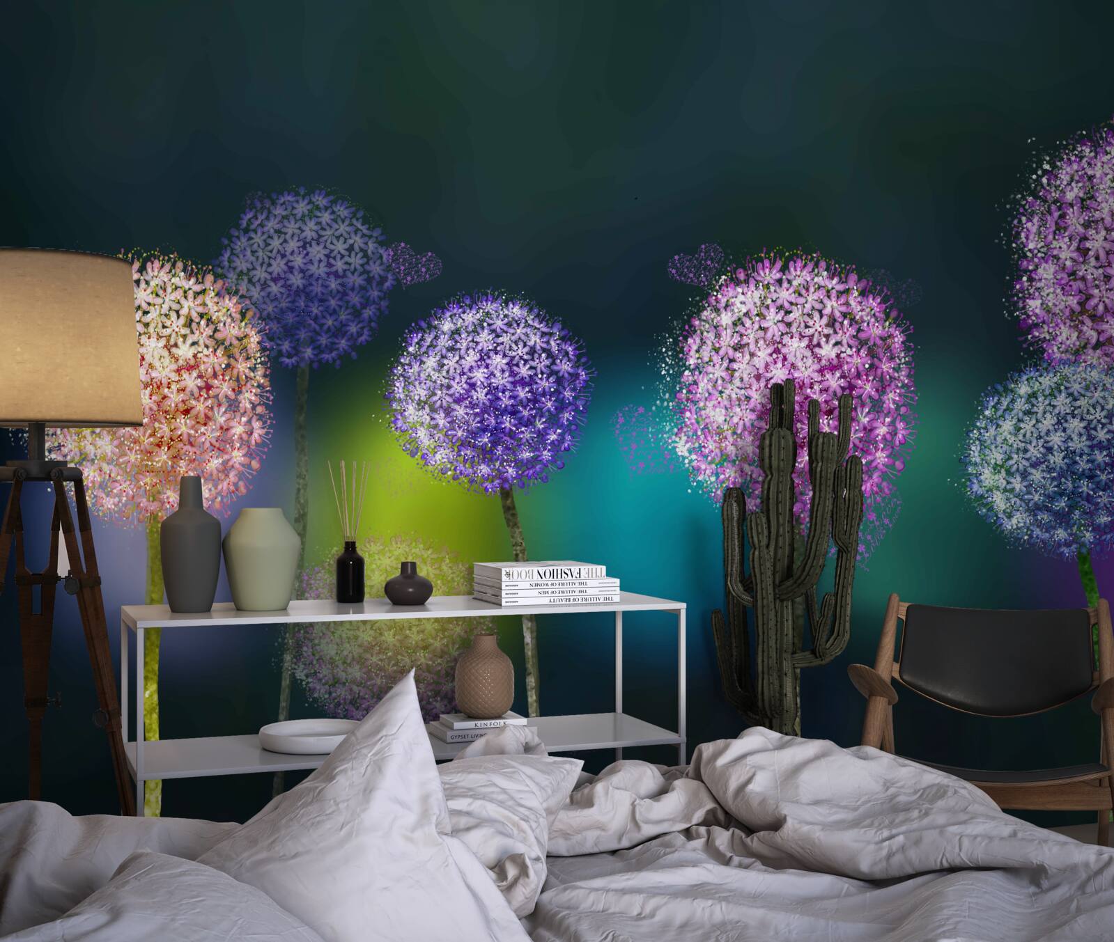 Papier peint abstraction de pissenlits colorés sous le couvert de la nuit