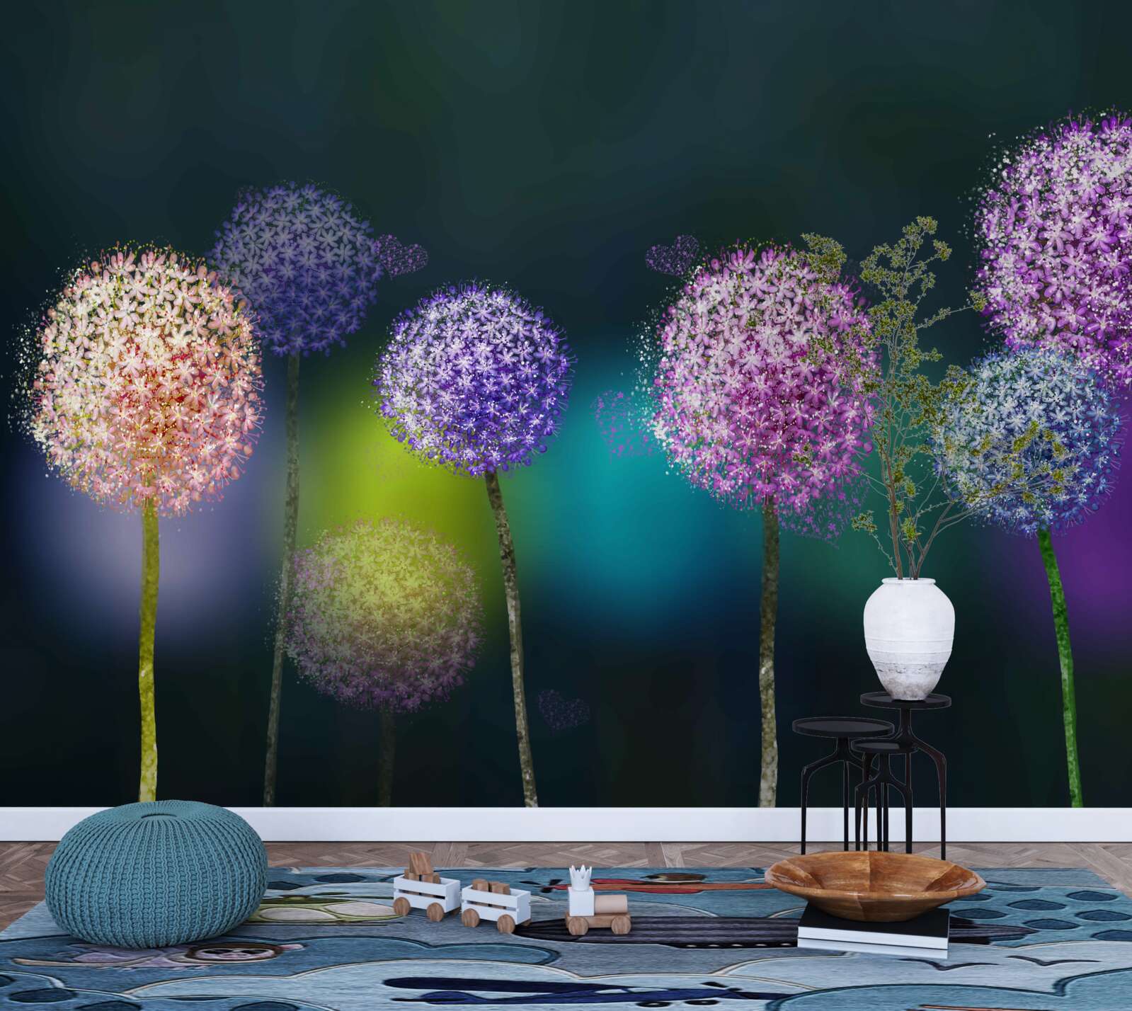 Papier peint abstraction de pissenlits colorés sous le couvert de la nuit