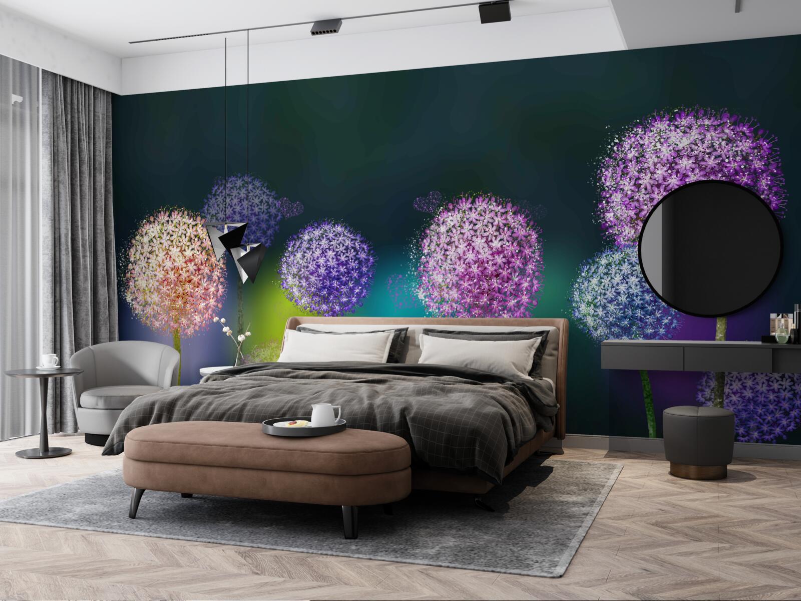 Papier peint abstraction de pissenlits colorés sous le couvert de la nuit