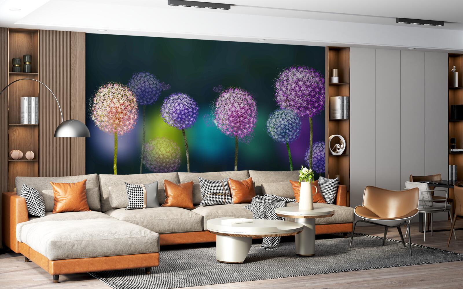 Papier peint abstraction de pissenlits colorés sous le couvert de la nuit