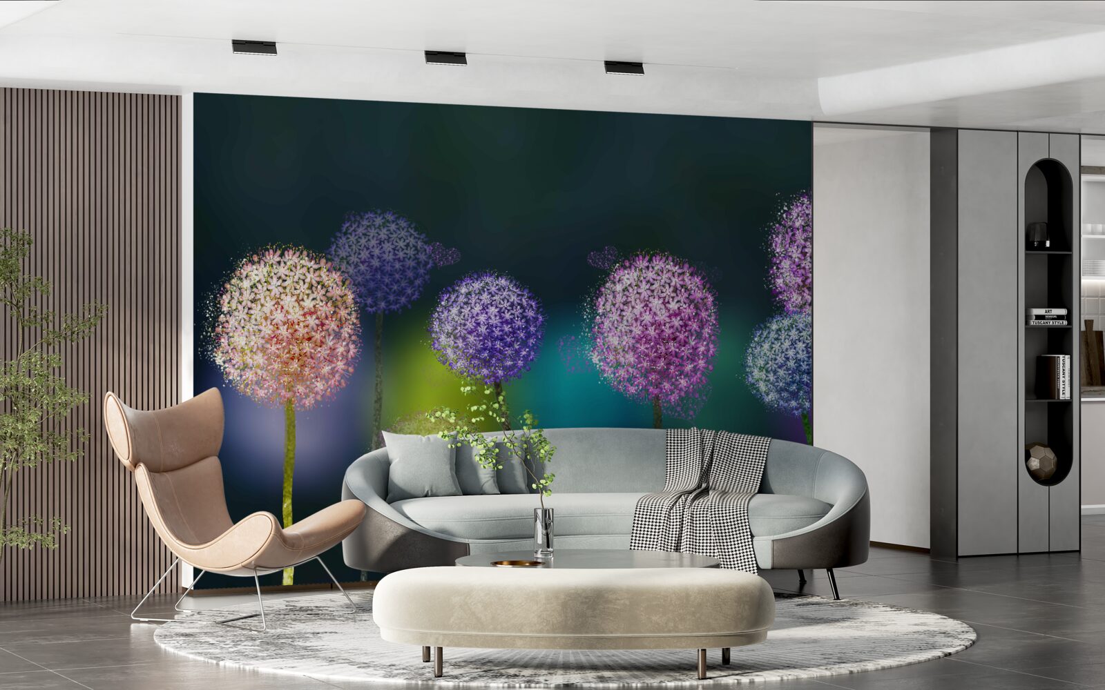 Papier peint abstraction de pissenlits colorés sous le couvert de la nuit