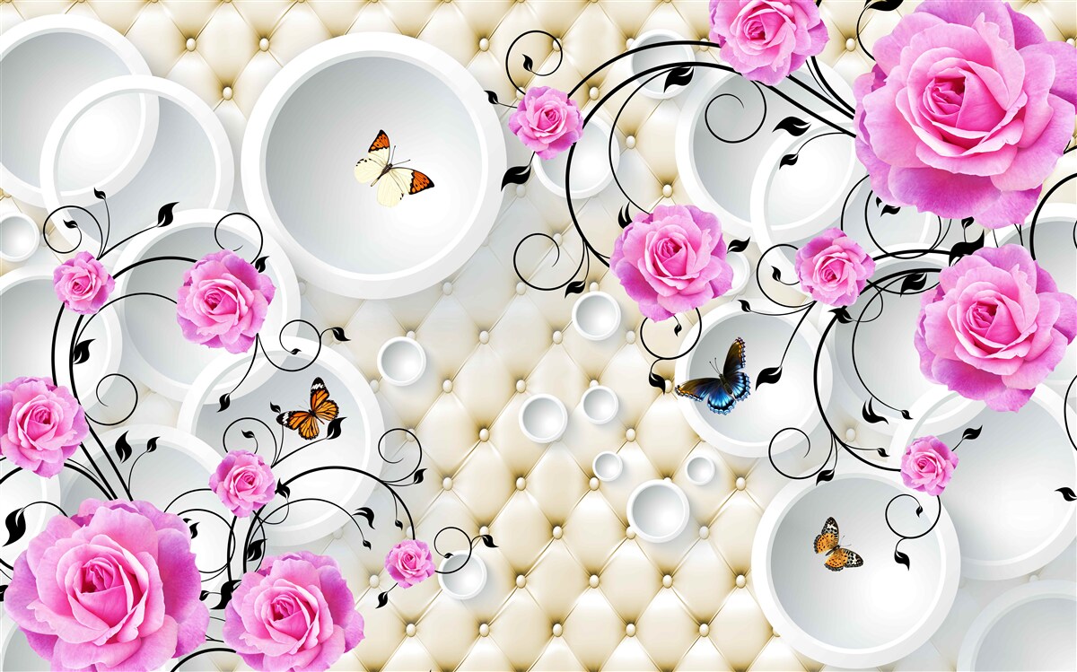 Papier peint roses roses et papillons sur fond de cercles abstraits