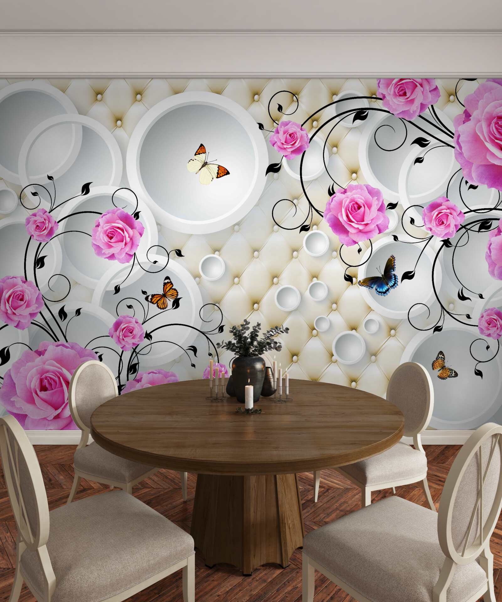 Papier peint roses roses et papillons sur fond de cercles abstraits