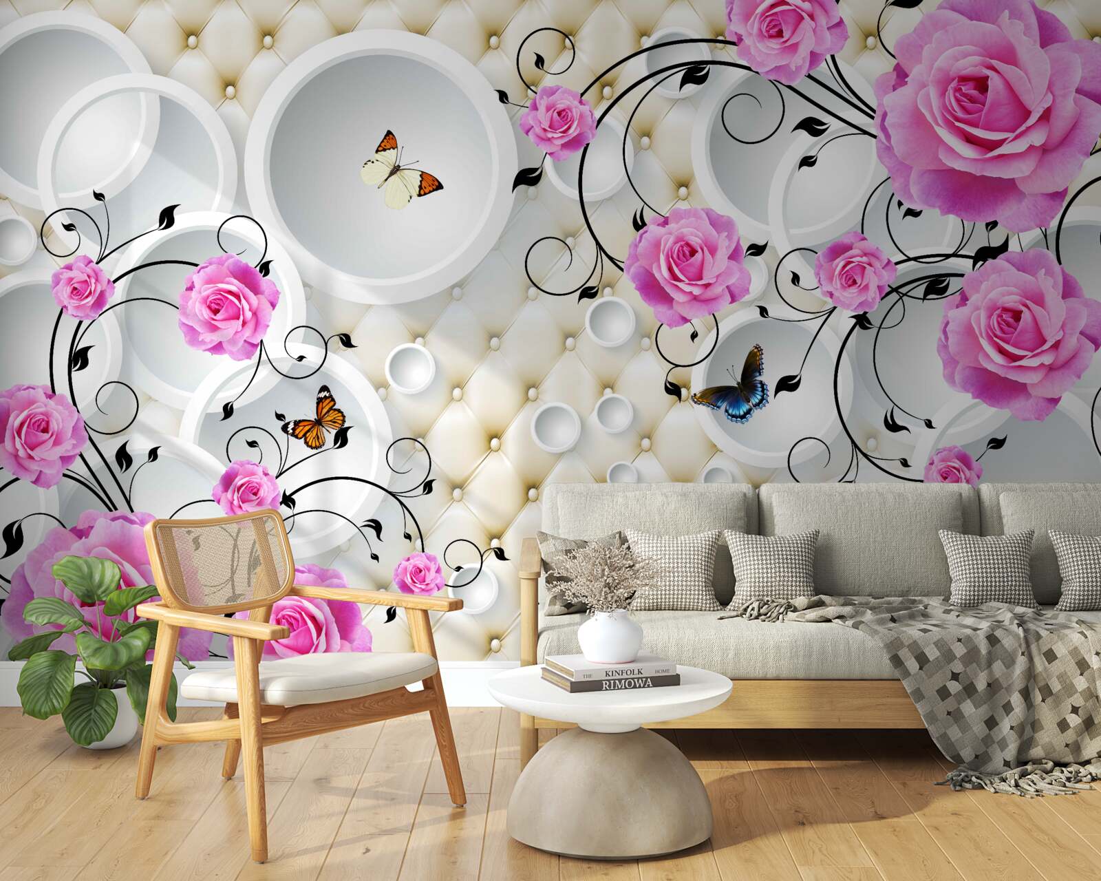 Papier peint roses roses et papillons sur fond de cercles abstraits