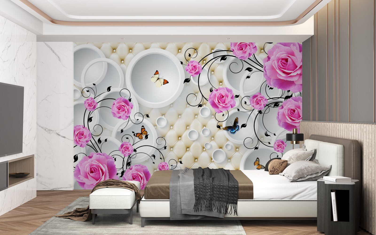 Papier peint roses roses et papillons sur fond de cercles abstraits
