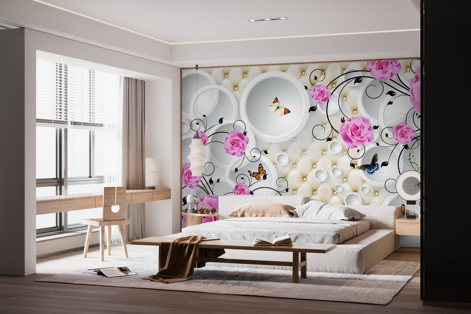 Papier peint roses roses et papillons sur fond de cercles abstraits