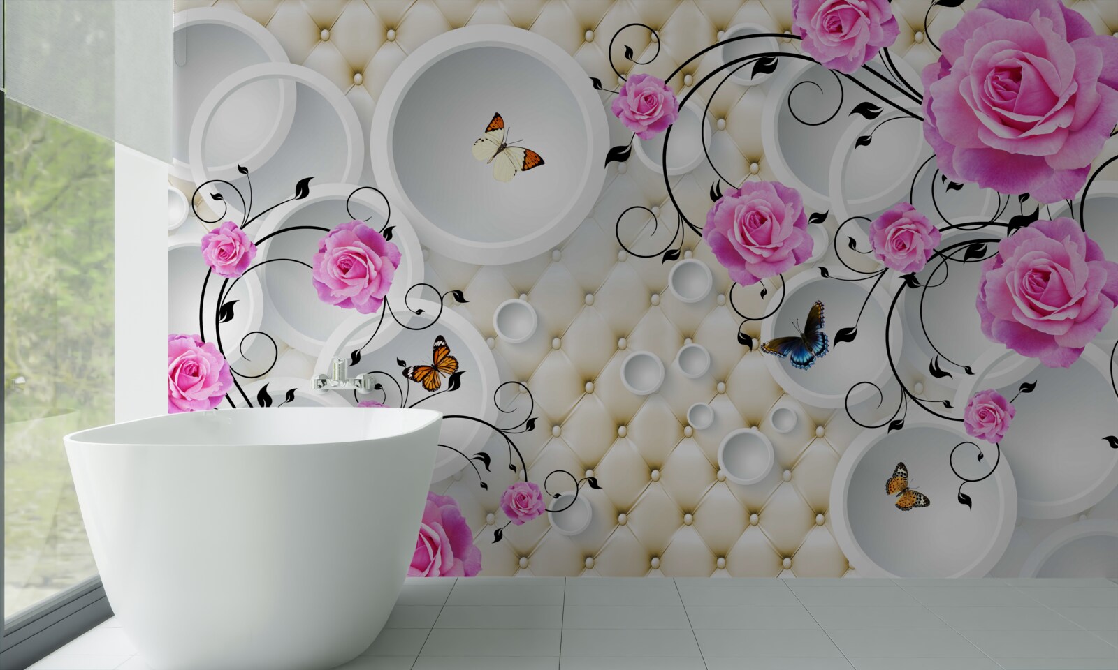 Papier peint roses roses et papillons sur fond de cercles abstraits