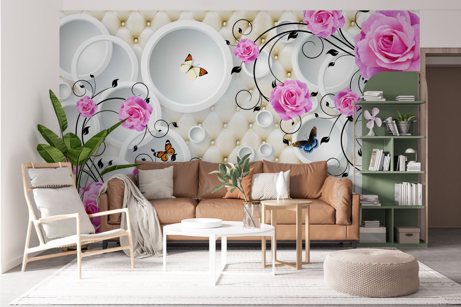 Papier peint roses roses et papillons sur fond de cercles abstraits