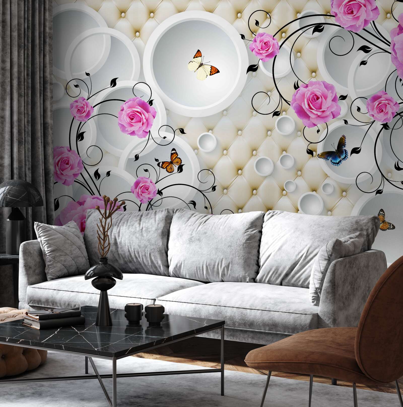 Papier peint roses roses et papillons sur fond de cercles abstraits