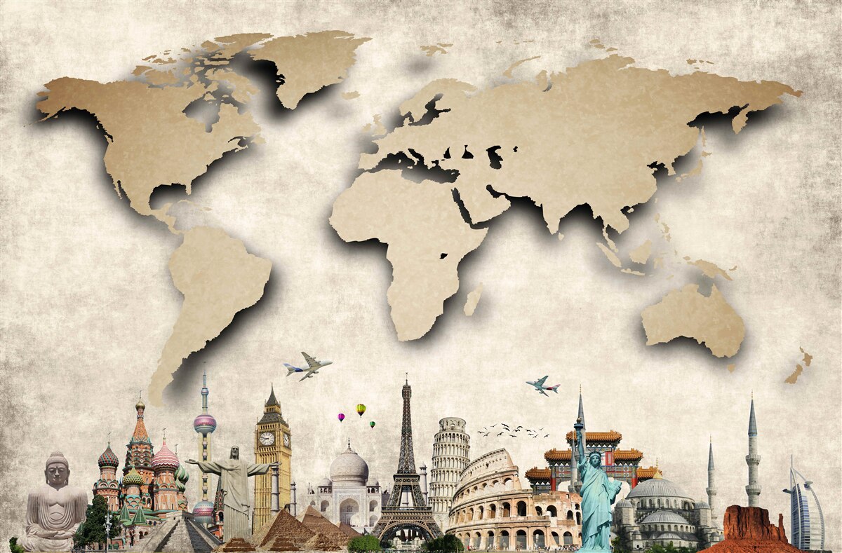 Papier peint carte du monde et principaux centres d'intérêt